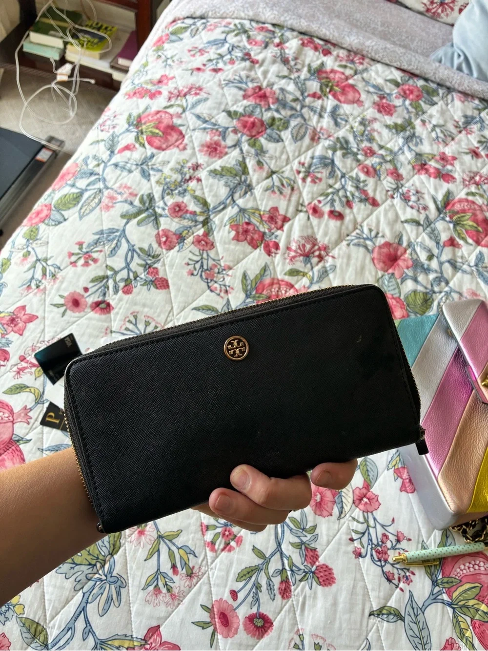 Tory Burch Black Saffiano Leather Zip Wallet with Gold Logo Accent